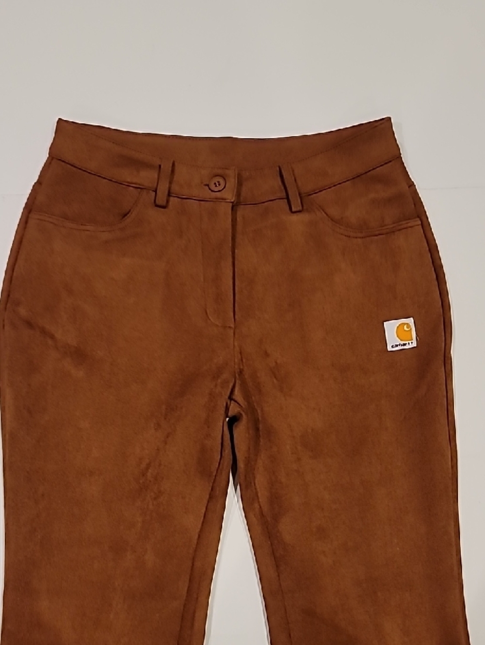 Carhartt Burnt Orange Faux Suede Flare Jeans Patch Logo Detail Small - Picture 5 of 12